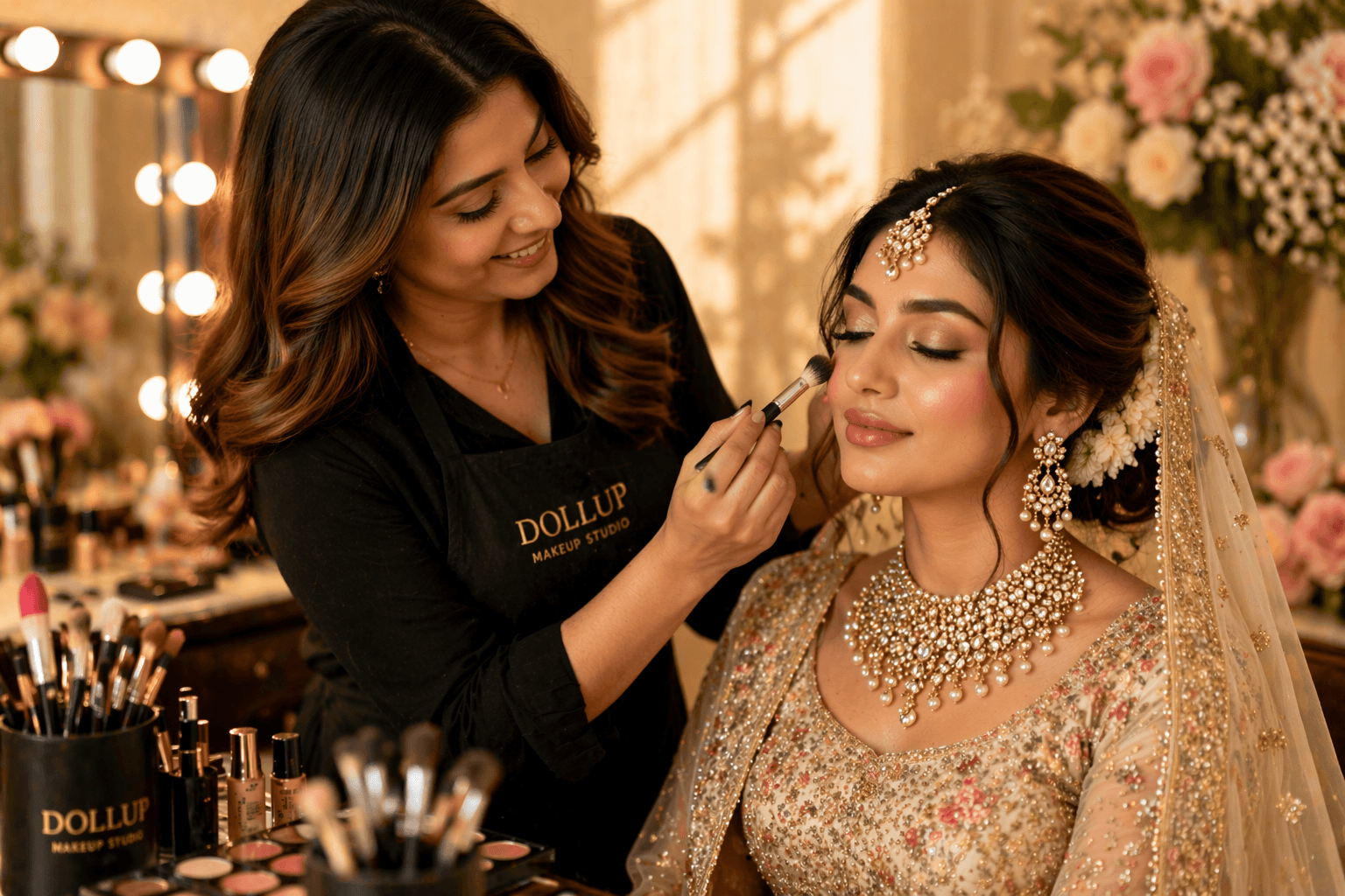 Bridal makeup artist applying makeup to bride wedding preparation